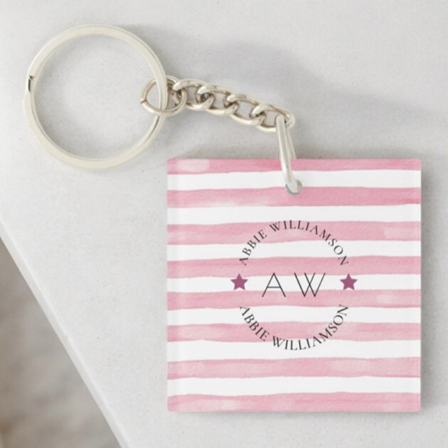 Stylish personalised pink stripes  key ring (pink stripy monogram personalized keychain )