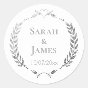 Stylish Personalised Silvery Grey Wreath Wedding Classic Round Sticker