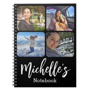 stylish  personalized 4 photos collage black white notebook