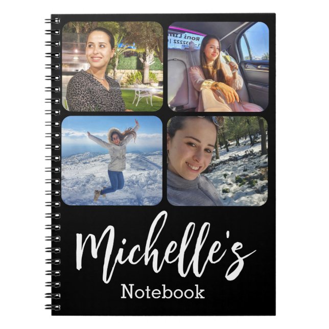 stylish  personalized 4 photos collage black white notebook (Front)