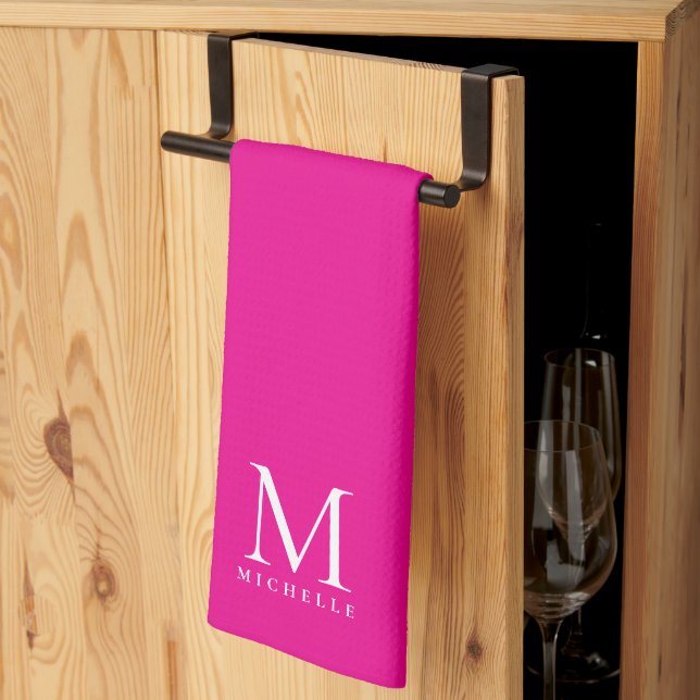 Stylish Personalized Hot Pink And White Monogram Tea Towel (Thirds Fold)