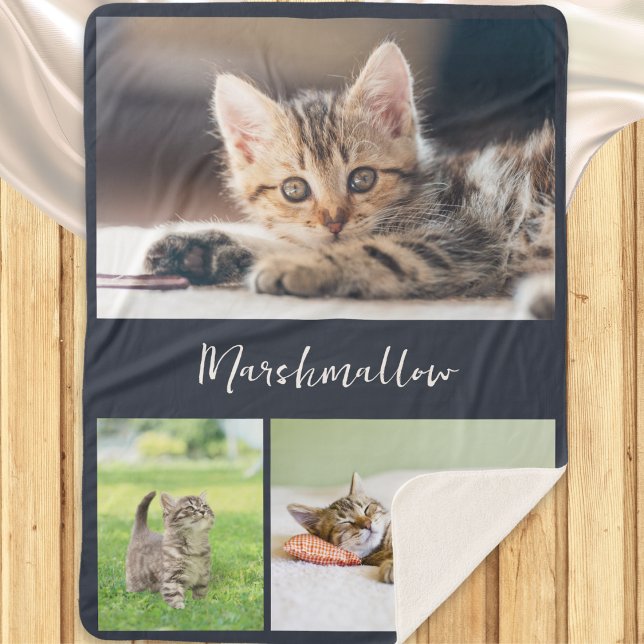 Stylish Pet Cat 3 Photo Collage Sherpa Blanket (A blanket to customize with 3 photos of your pet cat and their name in elegant script typography)
