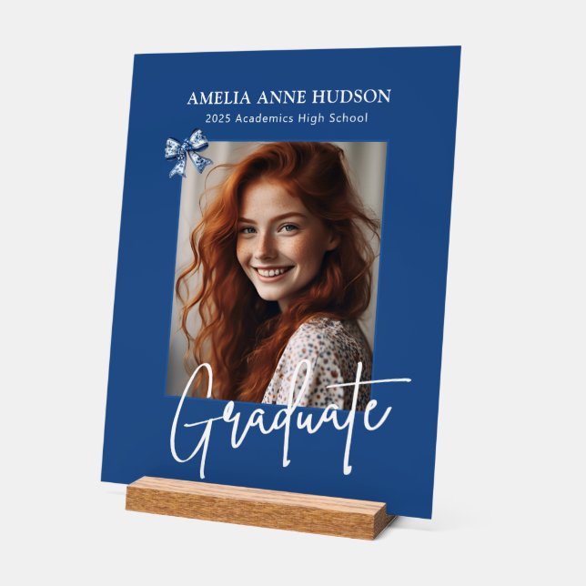 Stylish Photo Blue & White Graduate Acrylic Sign (Angle)