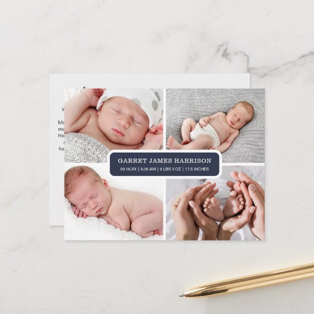 Stylish Photo Collage Birth Announcement Postcard (Front/Back In Situ)