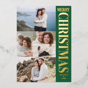 Stylish Photo Collage Green Gold Merry Christmas Foil Holiday Card