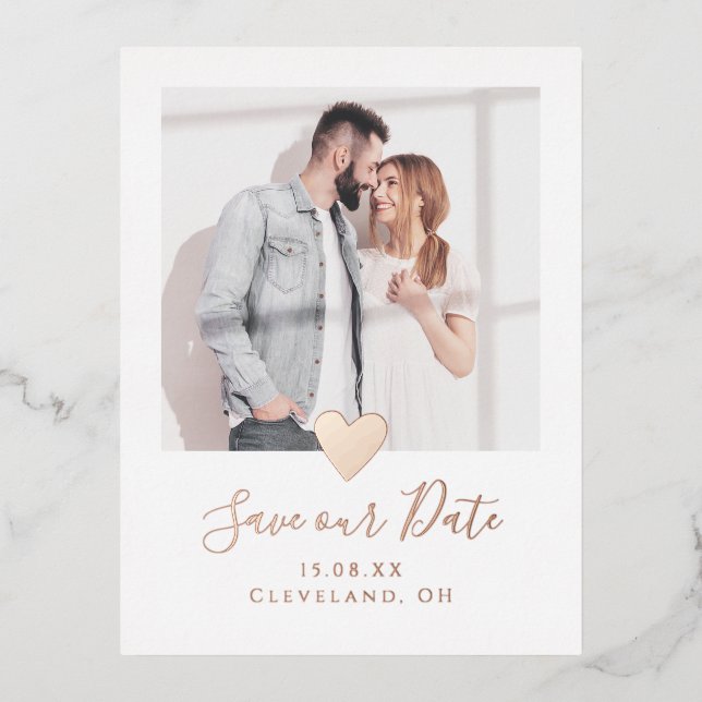 Stylish Photo Heart Save the Date Real Rose Gold Foil Invitation Postcard (Front)