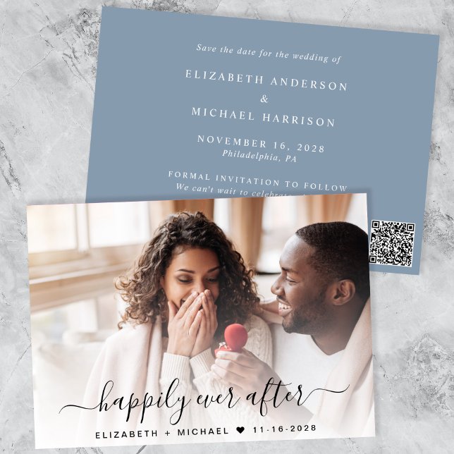Stylish Photo QR Code Dusty Blue Wedding Save The Date (Creator Uploaded)