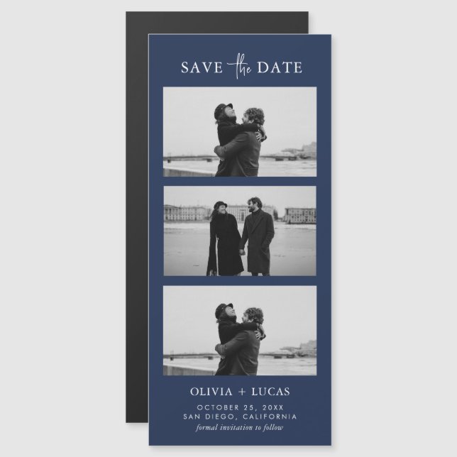 Stylish Photo Strip Navy Blue Magnetic Wedding (Front/Back)