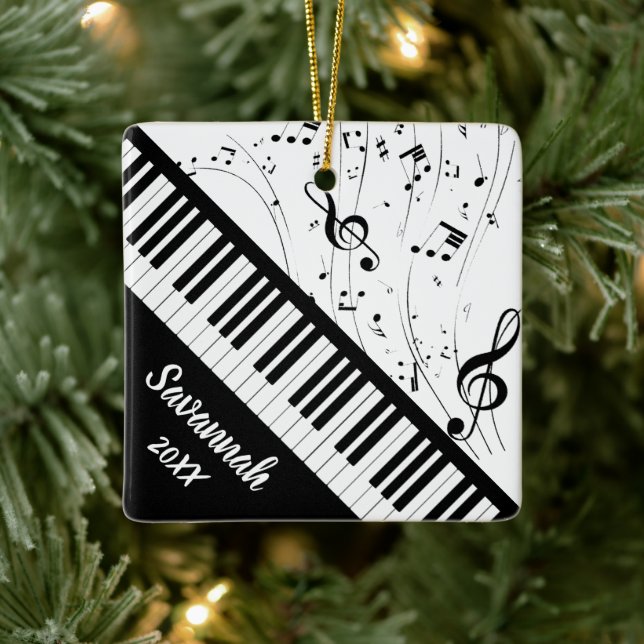 Stylish Piano Keyboard Music Name Black White Ceramic Ornament (Tree)