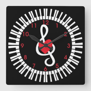 Stylish piano keys heart and musical notes square wall clock