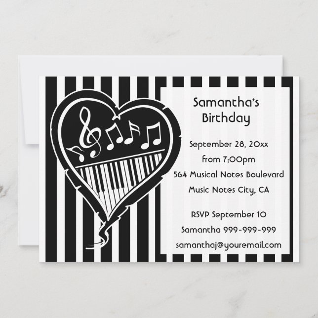 Stylish piano love heart music   Birthday Party Invitation (Back)