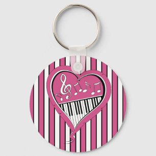 Stylish Piano Music Notes in Pink, Black and White Key Ring