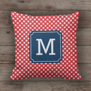 Stylish Picnic Red Gingham Name Monogram Cushion