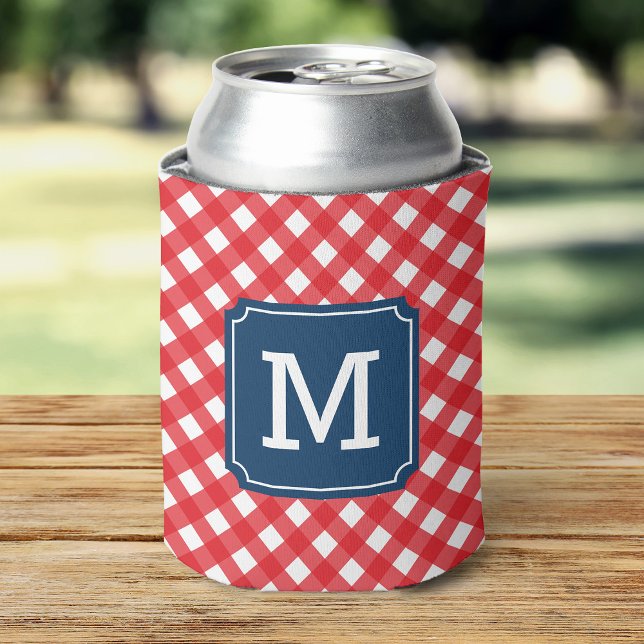 Stylish Picnic Red Gingham Personalise Monogram Can Cooler (Creator Uploaded)