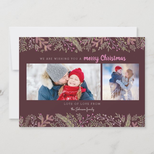 Stylish Pine Vines dark red trees Christmas Holiday Card (Front)