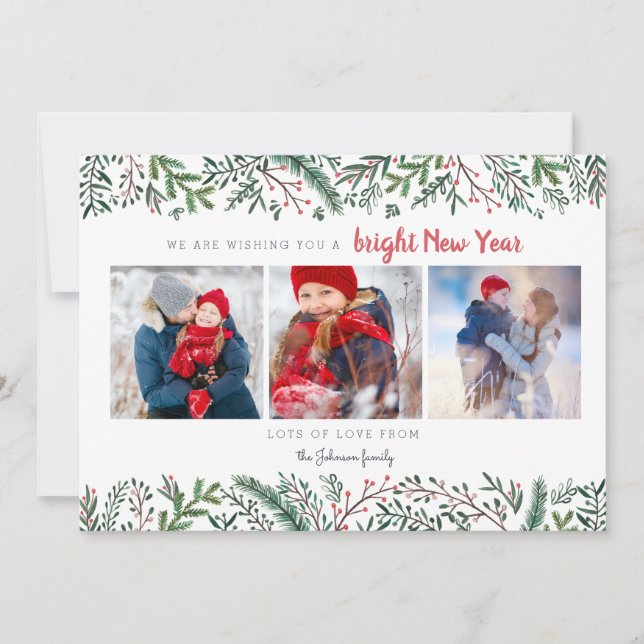 Stylish Pine Vines green trees New Year Holiday Card (Front)