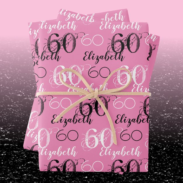 Stylish Pink 60th Birthday Personalised Gift Wrap (Wrapping Paper in-situ)