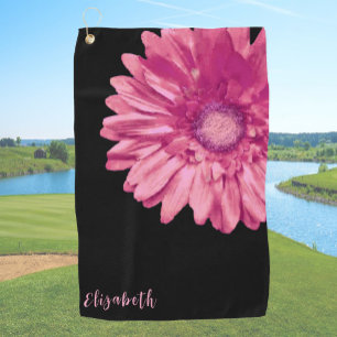 Stylish pink and black daisy custom name floral golf towel