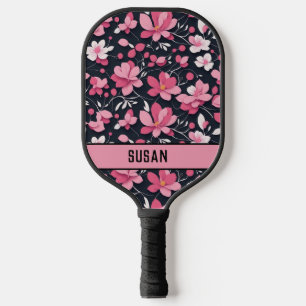 Stylish Pink and Black Floral Pattern/Personalise Pickleball Paddle