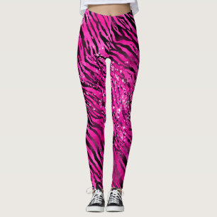 Stylish Pink and Black Glitter Tiger Stripes Leggings