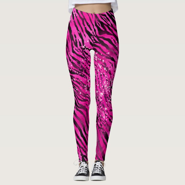 Stylish Pink and Black Glitter Tiger Stripes Leggings (Front)