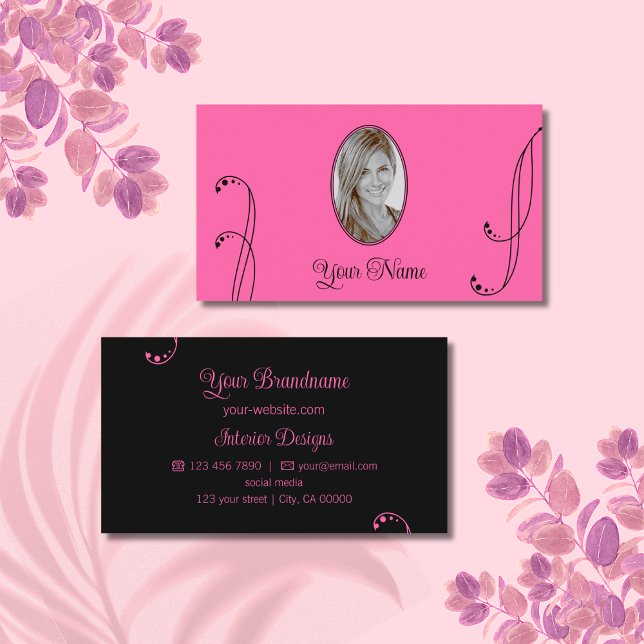 Stylish Pink and Black Ornate with Portrait Photo Business Card (Creator Uploaded)