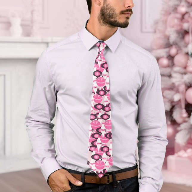 Stylish Pink And Black Retro Ornaments Christmas  Tie (festive pink and black Christmas neck tie with colorful ornaments)