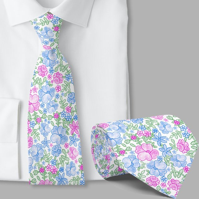 Stylish Pink and Blue Floral Pattern Necktie (Creator Uploaded)