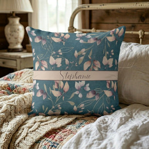 Stylish Pink And Gold Stone Leaves On Blue Cushion