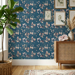 Stylish Pink And Gold Stone Leaves On Blue Wallpaper