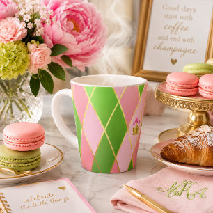 Stylish Pink and Green Argyle Monogrammed Latte Mug