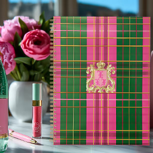 Stylish Pink and Green Plaid Monogrammed Planner
