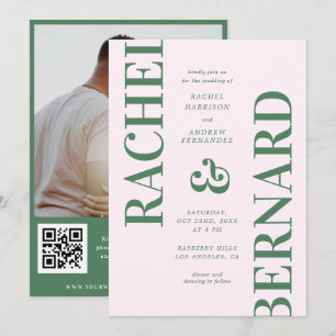 Stylish Pink and Green Typography QR Code Wedding Invitation