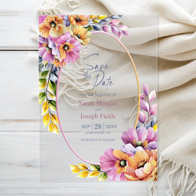 Stylish Pink and Orange Floral Save The Date Acrylic Invitations (Creator Uploaded)
