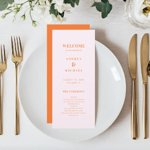 Stylish Pink and Orange Typography Wedding Programme