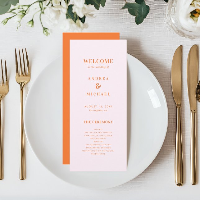 Stylish Pink and Orange Typography Wedding Programme (Creator Uploaded)