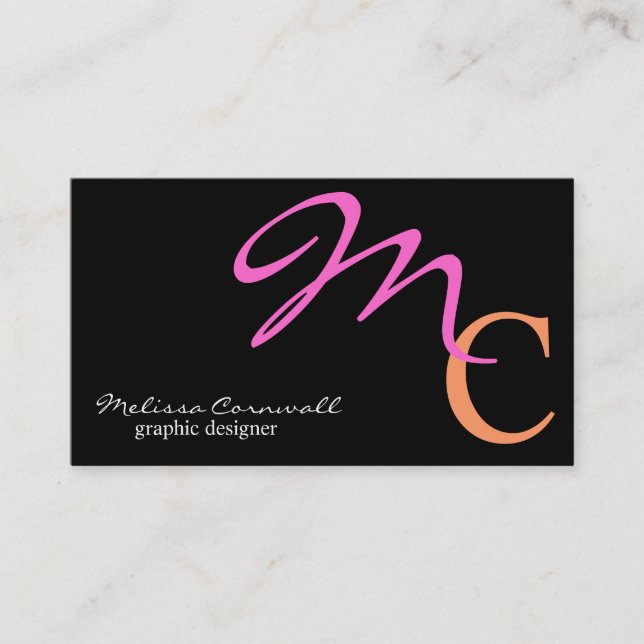 Stylish Pink and Peach Script Monogram Business Card (Front)