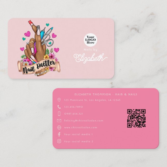 Stylish Pink and Turquoise Nail Hustler Branding Business Card (Front/Back)