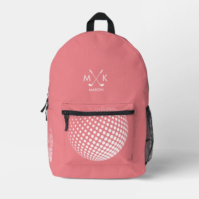 Stylish Pink And White Modern Golf Ball Monogram  Printed Backpack (Front)