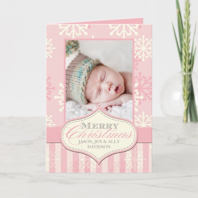 STYLISH PINK BABY'S FIRST CHRISTMAS PHOTO CARD (Front)
