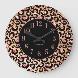 Stylish Pink Black Cheetah Leopard Print Monogram Large Clock