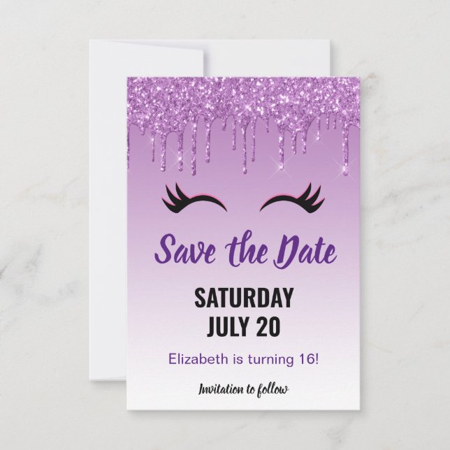 Stylish Pink & Black Eyelashes on Dripping Glitte Save The Date (Front)