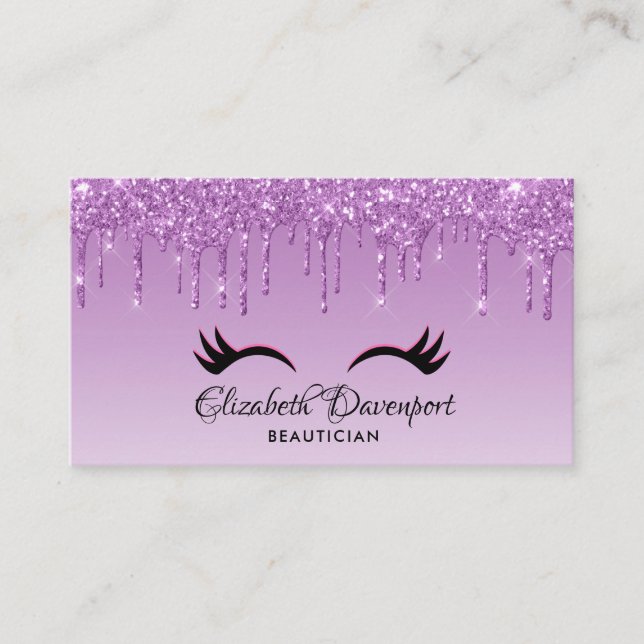 Stylish Pink & Black Eyelashes on Dripping Glitter Business Card (Front)