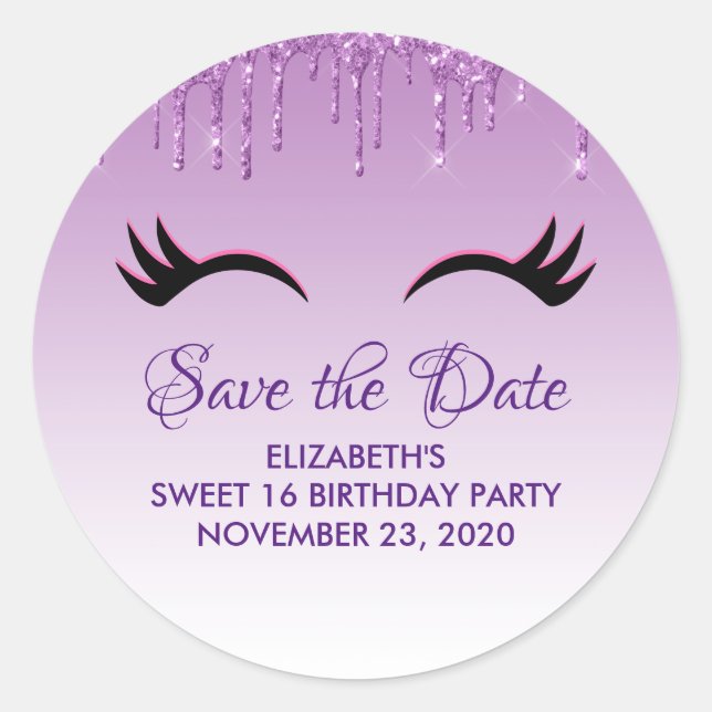 Stylish Pink & Black Eyelashes on Dripping Glitter Classic Round Sticker (Front)