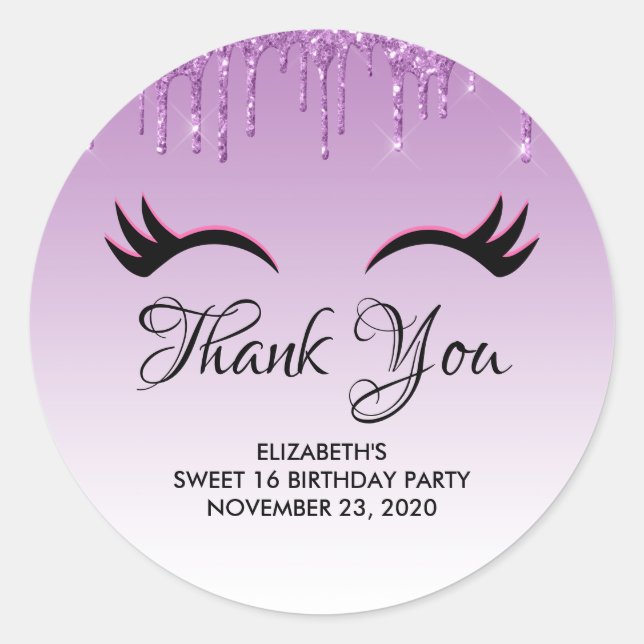 Stylish Pink & Black Eyelashes on Dripping Glitter Classic Round Sticker (Front)