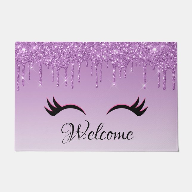 Stylish Pink & Black Eyelashes on Dripping Glitter Doormat (Front)