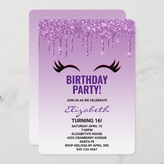 Stylish Pink & Black Eyelashes on Dripping Glitter Invitation (Front/Back)