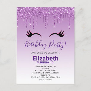 Stylish Pink & Black Eyelashes on Dripping Glitter Invitation Postcard