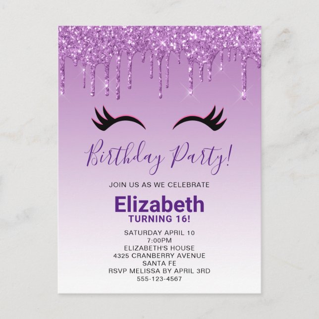 Stylish Pink & Black Eyelashes on Dripping Glitter Invitation Postcard (Front)