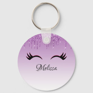 Stylish Pink & Black Eyelashes on Dripping Glitter Key Ring